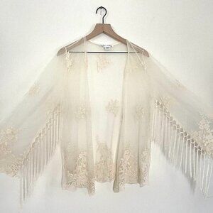 Embroidered Sheer Lace Long Sleeve Fringe Ivory Boho Kimono Small